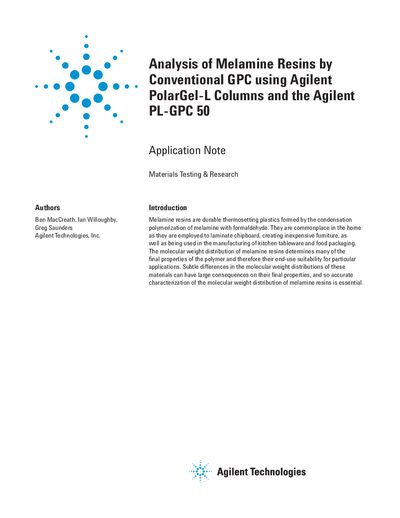 Analysis of Melamine Resins by Conventional GPC using PolarGel-L Columns Application Note - cover page