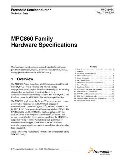 Freescale MPC860 Hardware Specifications Handbook - cover page