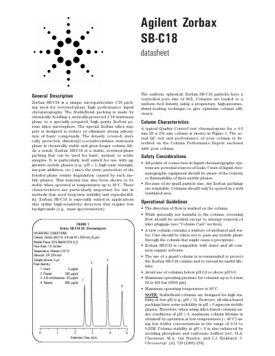 Agilent ZORBAX SB-C18 Column Datasheet - cover page