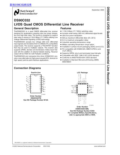 National Semiconductor DS90C032 LVDS Quad CMOS Differential Line Receiver Datasheet - cover page