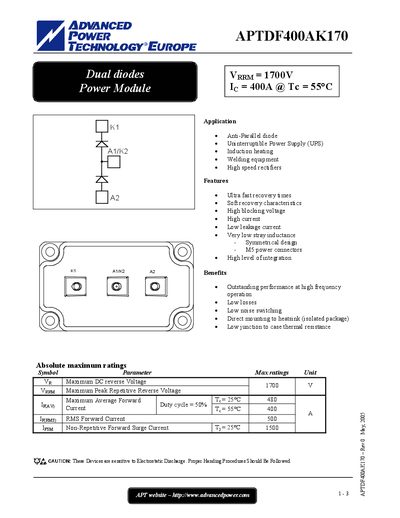 Advanced Power APTDF400AK170 Datasheet - cover page