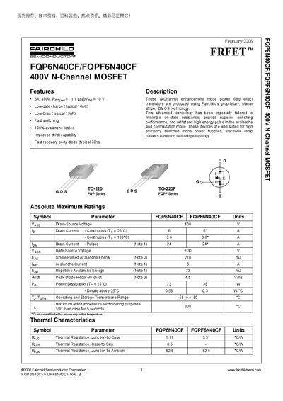 Fairchild FQP6N40CF/FQPF6N40CF Datasheet - cover page