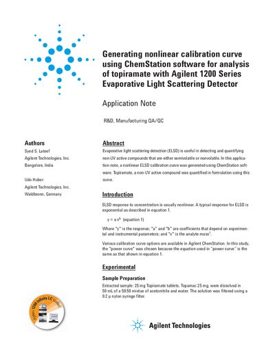 Generating nonlinear calibration curve using ChemStation software for analysis of topiramate with Agilent 1200 Series Ev - cover page