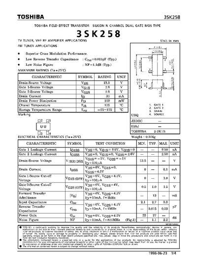 Toshiba 3SK258 Dual Gate MOSFET Datasheet - cover page