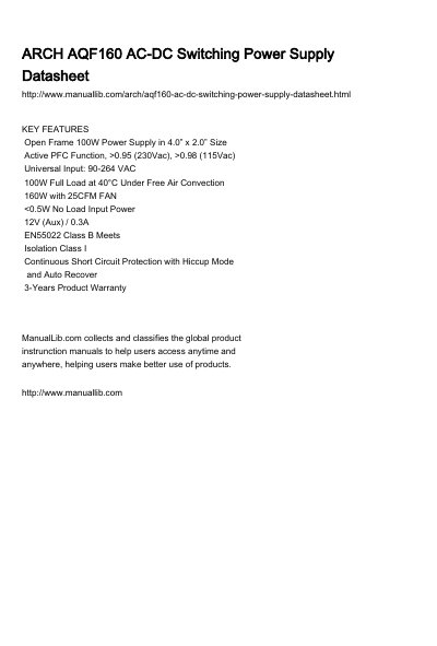 ARCH AQF160 Series AC-DC Switching Power Supply Datasheet - cover page