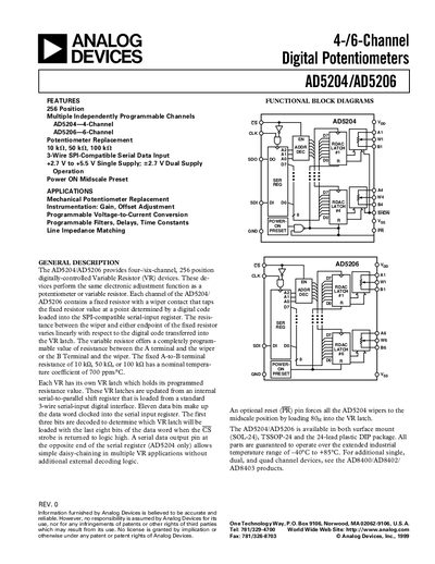 Analog Devices AD5204/AD5206 4-/6-Channel Digital Potentiometers Datasheet - cover page