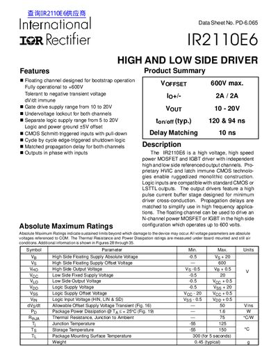 International Rectifier IR2110E6 High and Low Side Driver Data Sheet - cover page