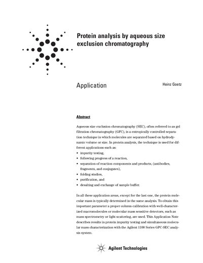 Agilent 1100 Series Protein Analysis by Aqueous Size Exclusion Chromatography Application Note - cover page