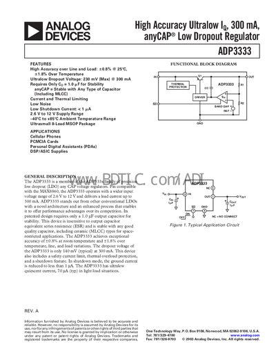 Analog Devices ADP3333 Low‑Dropout Regulator Datasheet - cover page