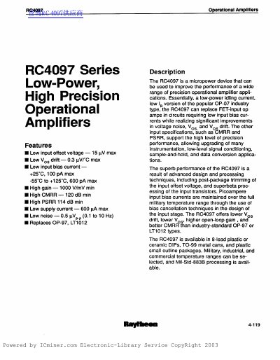 Raytheon RC4097 Series Operational Amplifiers Datasheet - cover page