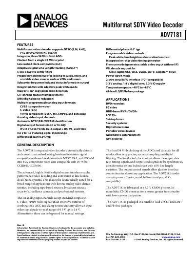 Analog Devices ADV7181 Multiformat SDTV Video Decoder Datasheet