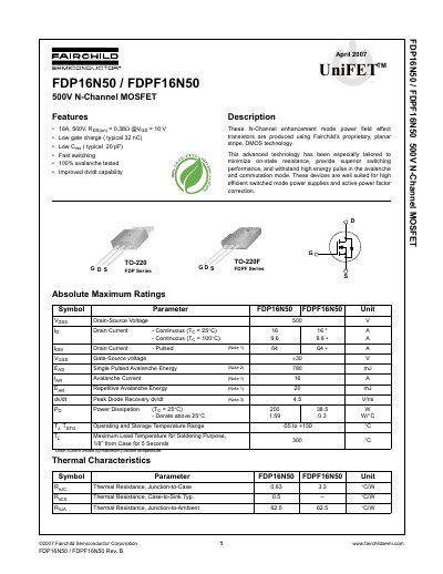 Fairchild FDP16N50/FDPF16N50 500V N-Channel MOSFET Datasheet