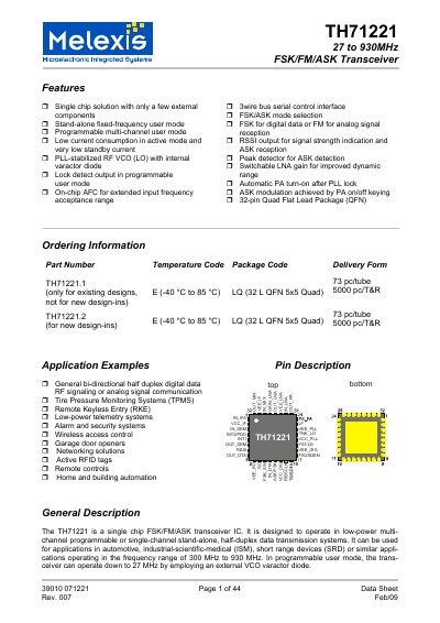 Melexis TH71221 FSK/FM/ASK Transceiver Datasheet - cover page