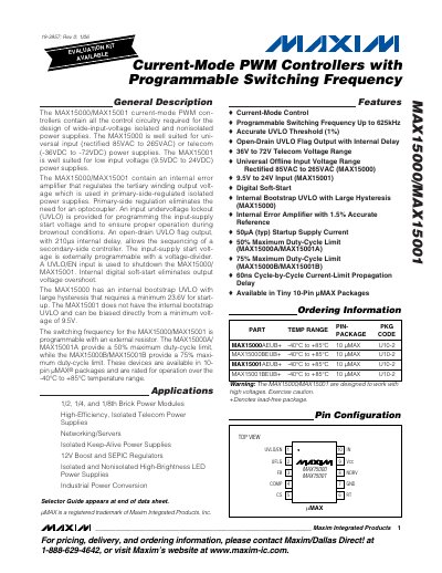 Maxim MAX15000/MAX15001 Current-Mode PWM Controllers Datasheet - cover page