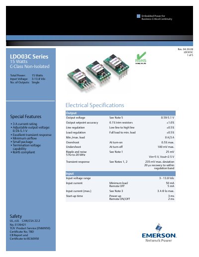 Emerson LDO03C Series 15W C-Class Non-Isolated Datasheet - cover page
