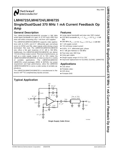 National Semiconductor LMH6723/LMH6724/LMH6725 Current Feedback Op Amp Datasheet - cover page