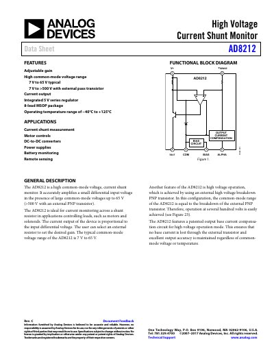 Analog Devices AD8212 High Voltage Current Shunt Monitor Data Sheet - cover page