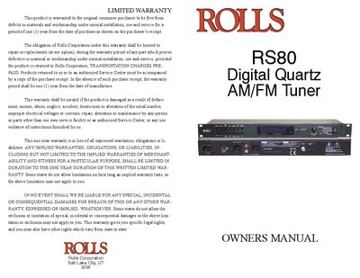 Rolls RS80 Digital Quartz AM/FM Tuner Owner's Manual - cover page
