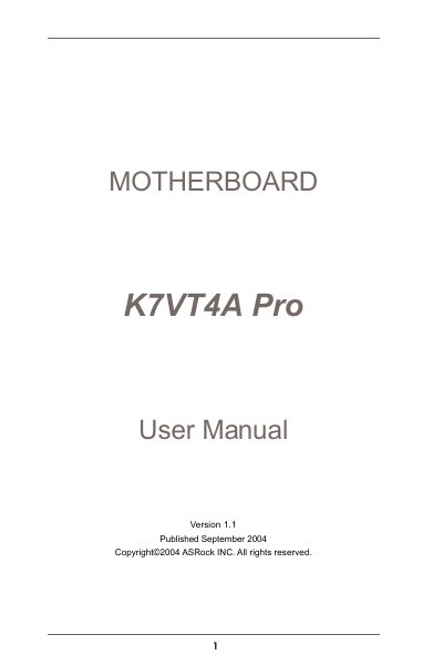 ASRock K7VT4A Pro Motherboard User Manual - cover page