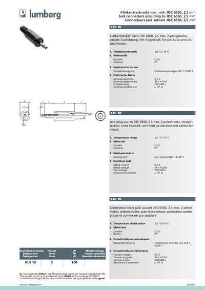LUMBERG Klinkensteckverbinder nach JISC 6560 2 5 mm Jack connectors according to JISC 6560 2.5 mm Connecteurs jack suivant JISC 6560 2 5 mm handbook(1) - cover page