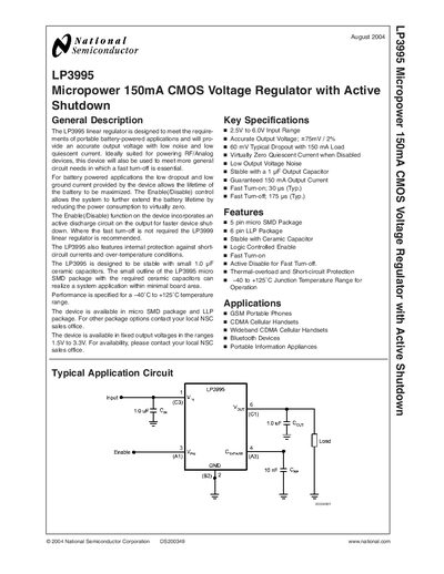 National Semiconductor LP3995 Micropower 150mA CMOS Voltage Regulator Handbook - cover page