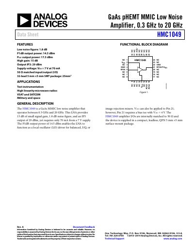 Analog Devices HMC1049 GaAs pHEMT MMIC Low Noise Amplifier Data Sheet - cover page
