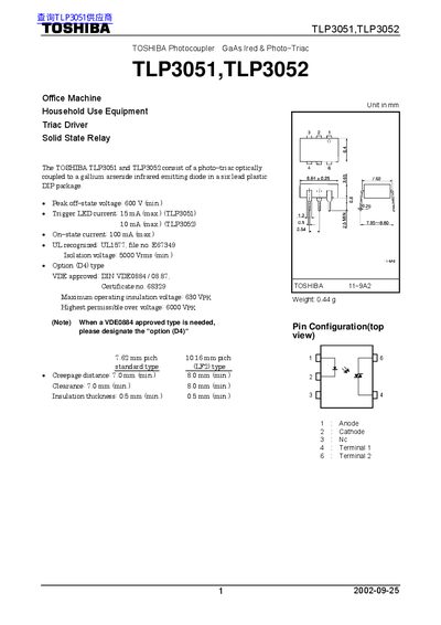 Toshiba TLP3051/TLP3052 Photocoupler Datasheet