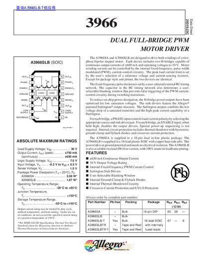 Allegro MicroSystems A3966 Dual Full-Bridge PWM Motor Driver Datasheet