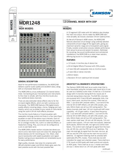 Samson MDR1248 Mixer Product Specification Sheet - cover page