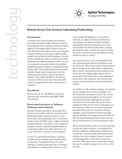 Agilent Remote Access Service Productivity Guide - cover page