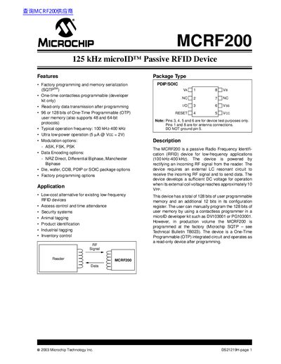 Microchip MCRF200 125 kHz microID Passive RFID Device Datasheet - cover page