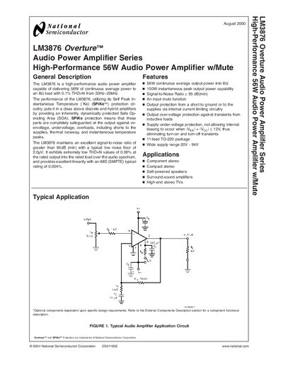 National Semiconductor LM3876 Overture Audio Power Amplifier Datasheet - cover page