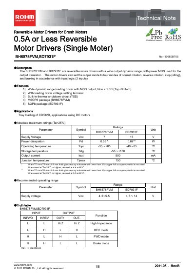 ROHM BH6578FVM Reversible Motor Driver Technical Note - cover page