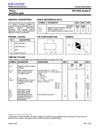 Philips Semiconductors BT134W Series E Sensitive Gate Triac Datasheet - cover page
