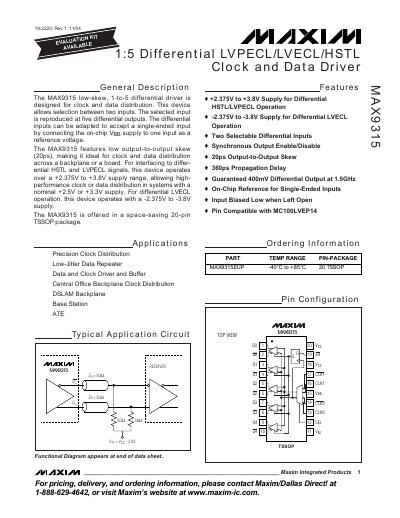 Maxim MAX9315 1:5 Differential LVPECL/LVECL/HSTL Clock and Data Driver Datasheet - cover page