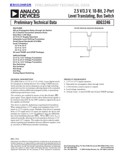 ANALOG DEVICES 2.5 V/3.3 V 10-Bit 2-Port Level Translating Bus Switch ADG3246 handbook - cover page