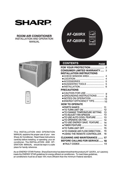 Sharp AF-Q60RX AF-Q80RX Room Air Conditioner Installation and Operation Manual - cover page