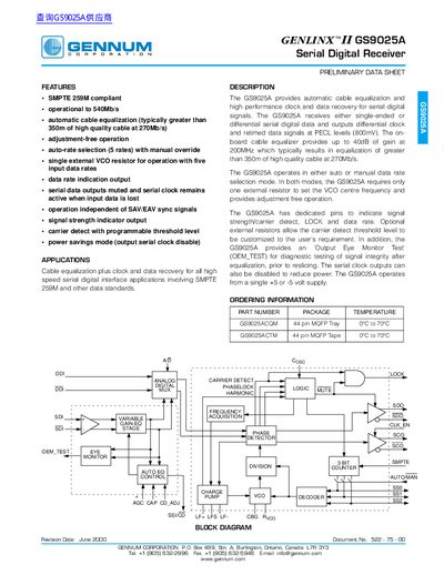 Gennum GS9025A Serial Digital Receiver Preliminary Datasheet - cover page