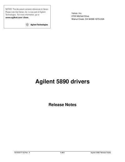 Agilent 5890 Drivers Release Notes - cover page