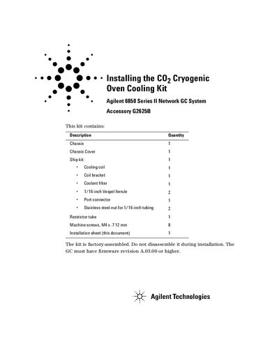 Agilent 6850 Gas Chromatograph Installing a CO2 Cryogenic Oven Cooling Kit Manual - cover page