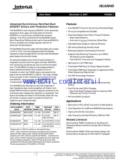 Intersil ISL6594D MOSFET Driver Datasheet - cover page