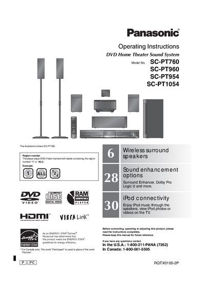 Panasonic SC-PT760 SC-PT960 SC-PT954 SC-PT1054 Manual