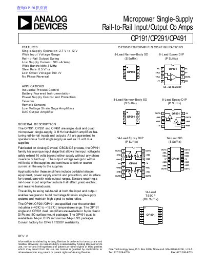 Analog Devices OP191/OP291/OP491 Datasheet - cover page