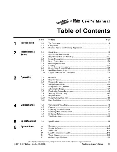 Christie Roadster/Vista Projector User Manual - cover page