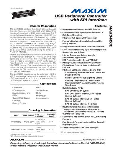 Maxim MAX3420E USB Peripheral Controller with SPI Interface Datasheet - cover page