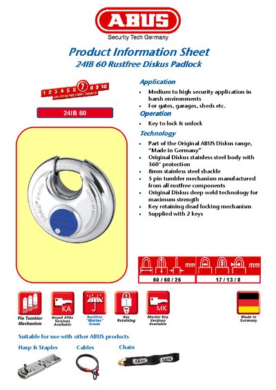 ABUS Product Information Sheet 24IB 60 Rustfree Diskus Padlock Manual - cover page