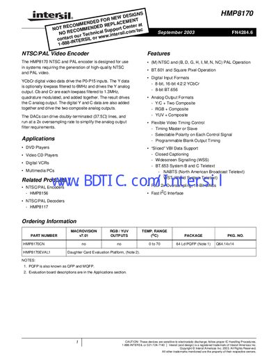 Intersil HMP8170 NTSC/PAL Video Encoder Datasheet - cover page
