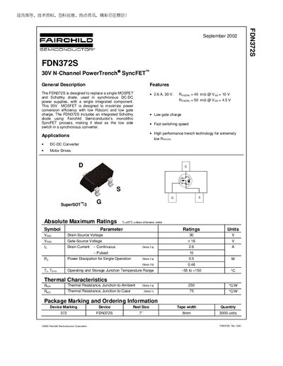 Fairchild FDN372S 30V N-Channel PowerTrench SyncFET Datasheet - cover page