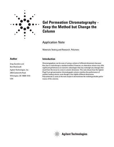 Agilent PLgel 5 µm Gel Permeation Chromatography Application Note - cover page