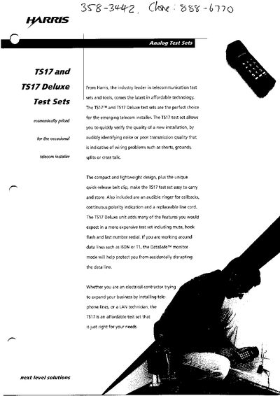 Harris TS17 and TS17 Deluxe Test Set Product Leaflet - cover page